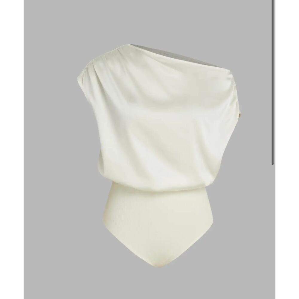 Cider SATIN ASYMMETRICAL NECK SOLID RUCHED BODYSUIT